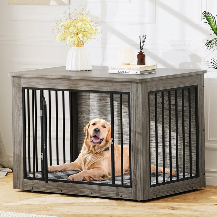 27.2" L Dog Crate Furniture for Medium Dogs, 2-In-1 Iron-Wood Fusion Dog Cage Indoor up to 30 Lb, Side End Table, Modern Dogs Kennel with Waterproof Top, Safety Corners,Steel Lock,Rustic