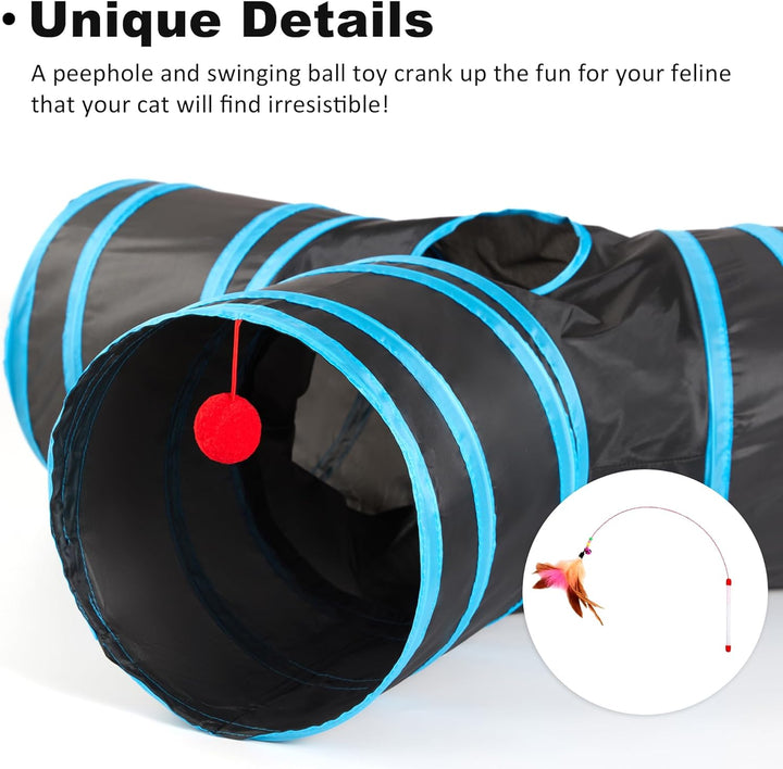 Cat Tunnel Tube Toys 3 Way Collapsible, Cat Tunnels for Indoor Cats，Kitten Tunnel Bored Pet Play Tunnel with Peek Hole Toy Ball for Kitty, Kitten, Rabbit, Puppy Blue