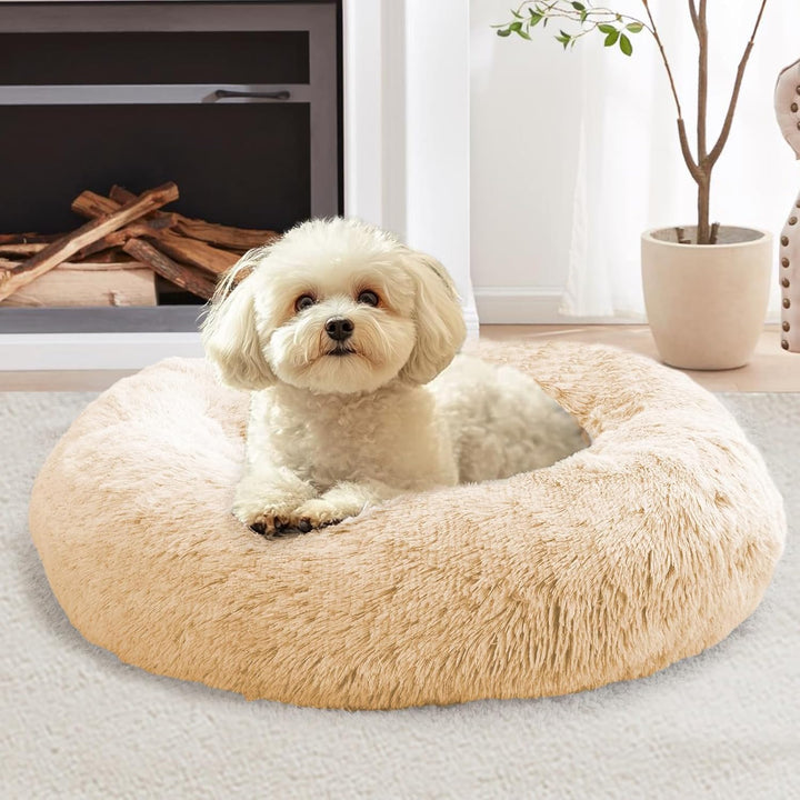 Small Dog & Cat Beds for Indoor Cats, Donut Cuddler Warming Soft Dog Beds with Anti-Slip Bottom, round Calming Fluffy Plush Faux Fur Cushion Bed for Small Medium Dogs (20", Smoke Grey)