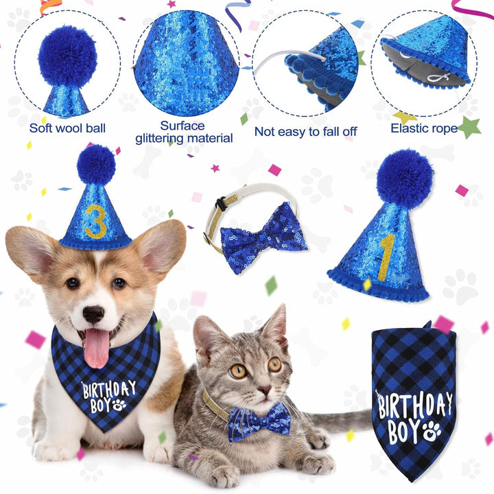 Dog Birthday Party Supplies Birthday Boy Girl Cake Bandana Triangle Scarf Party Hat Dog Bow Tie Collar with Numbers for Large Medium Small Dog Puppy 1St Birthday(Elegant Style,Medium)
