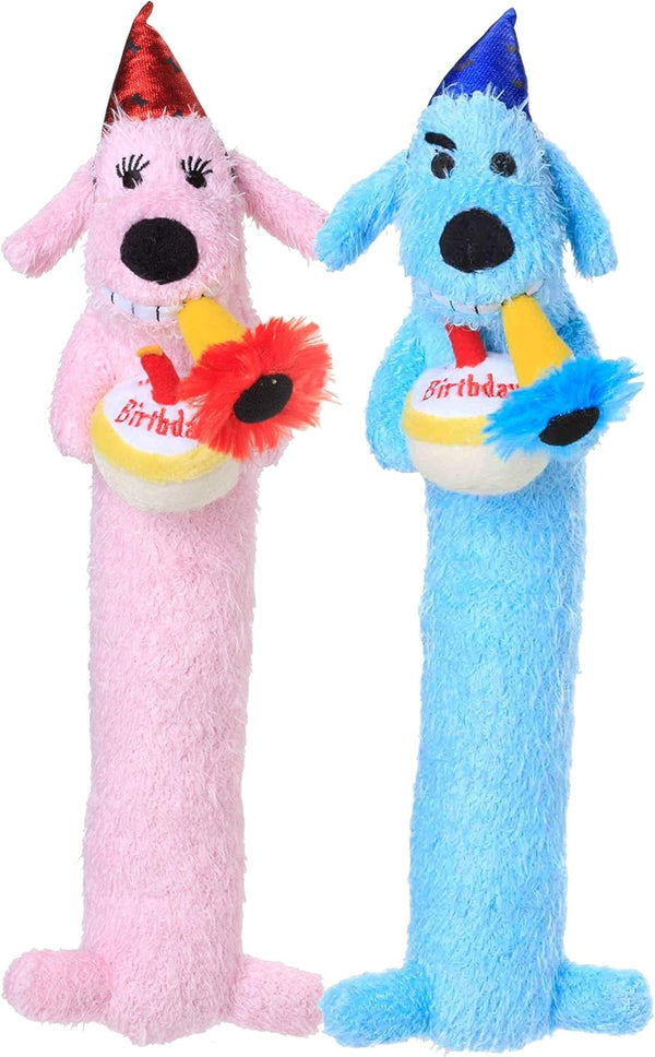 Loofa Dog Plush Toy W/ Birthday Hat - Squeaky Dog Toy for Dogs - Soft Plush - Stuffed Animal Dog Toys for Playing (1 Count, 12”, Random Color Surprise)
