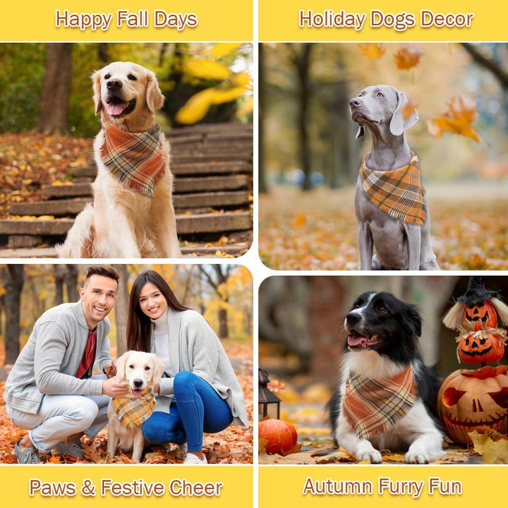 Halloween Dog Bandana, 2 Pack Fall Thanksgiving Classic Plaid Dog Scarf with Tassels Edges, Funny Pet Apparel & Accessories Costume for Photo Prop, and Party Decor (Large, Yellow&Orange)