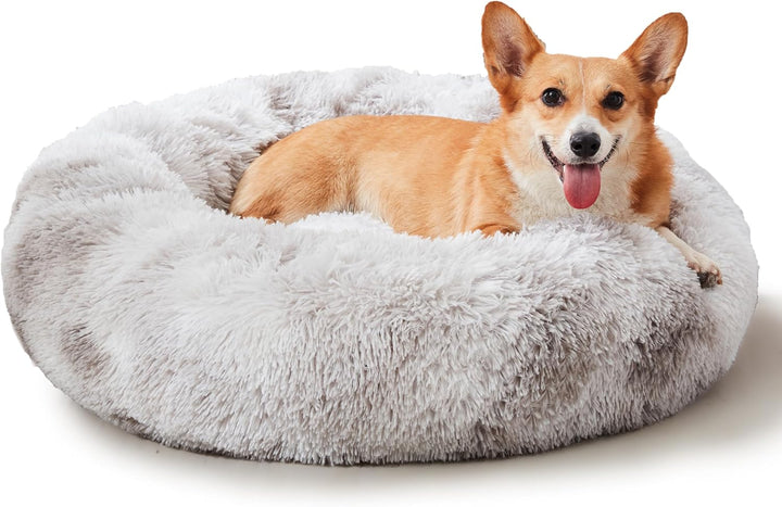 Calming Soft round Dog & Cat Bed, Anti-Anxiety Donut Cuddler Warming Cozy Fluffy Faux Fur Plush Cushion Bed for Small Medium Dogs and Cats (20"/24"/27"/30"), Light Grey