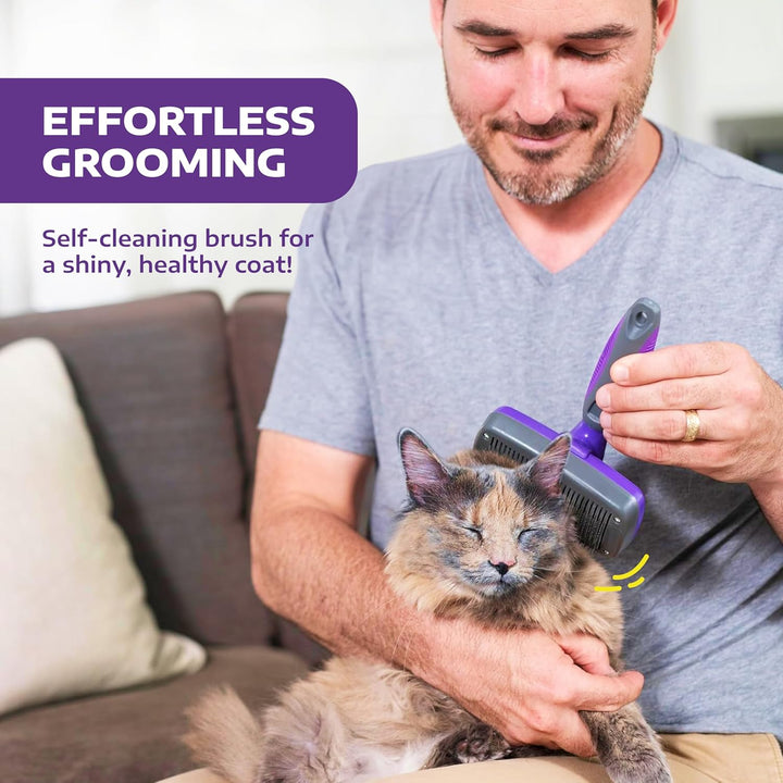 Self Cleaning Slicker Brush for Dogs and Cats - Pet Hair Brush for Shedding Long and Short Hair - Easy Clean Retractable Bristles - Cat and Dog Grooming Tool - Purple