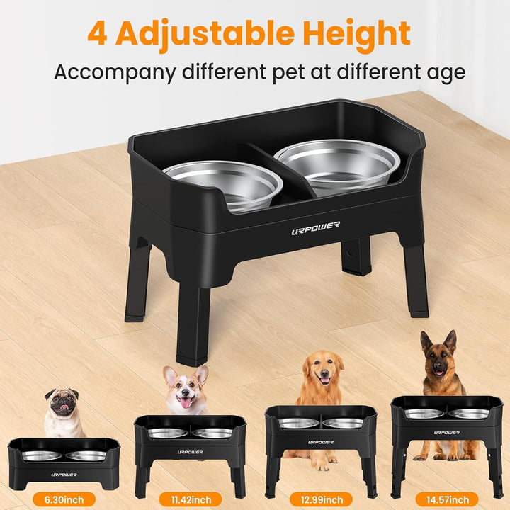 3-In-1 Elevated Dog Bowls - Mess Proof Double Deck 4 Height Adjustable Raised Stand with 2 Stainless Steel Food Bowls & Licking Plate for Small, Medium & Large Dogs