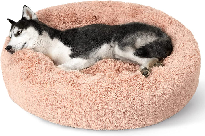 Calming Dog Bed Medium Size Dog - Donut Washable Medium Pet Bed, 30 Inches Anti-Slip round Fluffy Plush Faux Fur Cat Bed, Fits up to 45 Lbs Pets, Camel