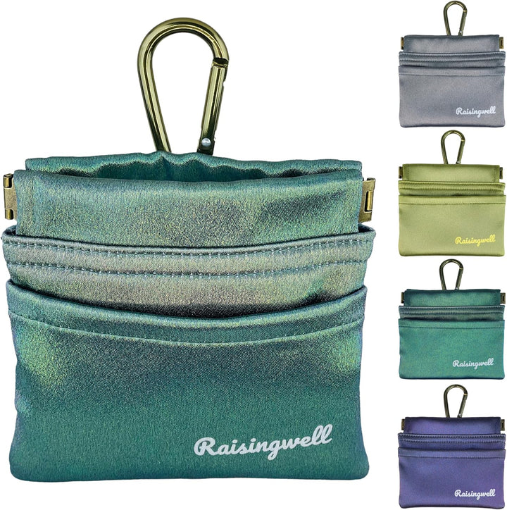 Dog Treat Pouch, Green Pocket Sized Pet Training Pouch, Cotton Fabric, Hand Free Dog Walking Bag with Carabiner, Self-Closing Pet Feed Snack Reward, for Puppy Travel or Outdoor Use