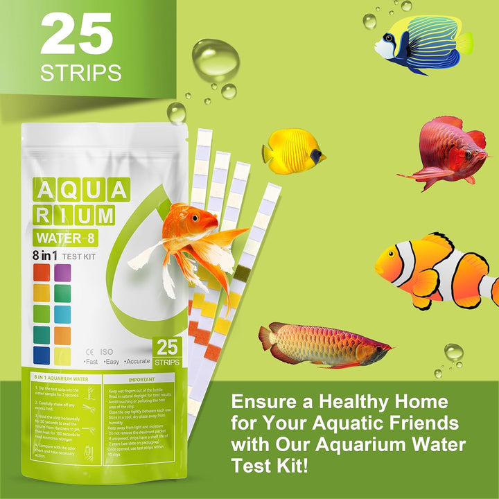 Aquarium Ammonia Test Strips 8-In-1 |25 Strips | Quick & Accurate Water Testing Test Ph, Carbonate, Alkalinity, Hardness, Chlorine, Nitrite, Etc. (K02-25)