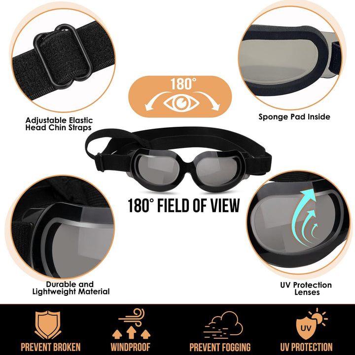 Dog Helmet and Goggles - UV Protection Doggy Sunglasses Dog Glasses Pet Motorcycle Helmet Hat with Ear Holes Adjustable Belt Safety Hat for Small Medium Large Dogs Puppy Riding (Black, S)