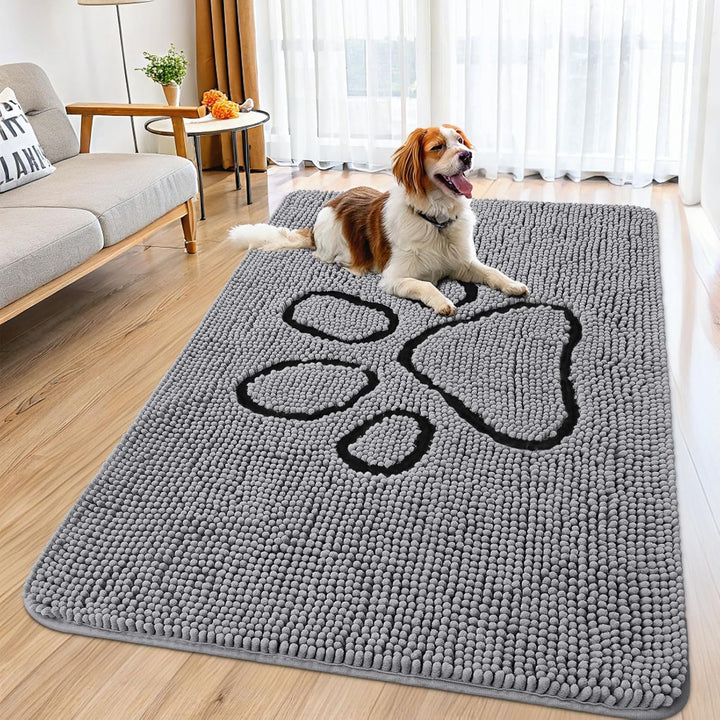 Dog Door Mat for Muddy Paws, Absorbent Dirt Trapper Non Slip Quick Dry Washable Chenille Mat for Mud Dogs, Entry Rug for Indoor and Outdoor (30X20 Inches, Grey)