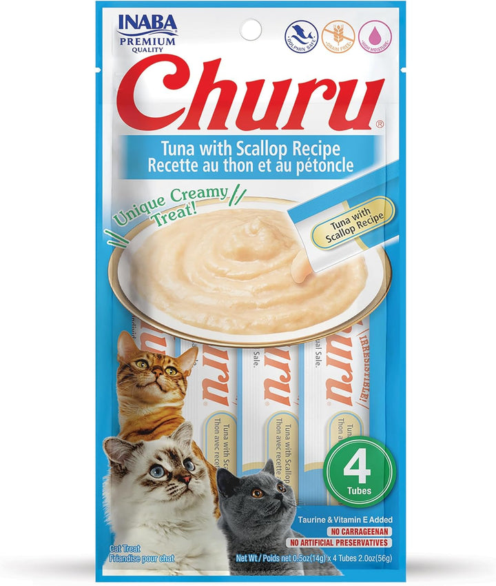 Churu Cat Treats, Grain-Free, Lickable, Squeezable Creamy Purée Cat Treat/Topper with Vitamin E & Taurine, 0.5 Ounces Each Tube, 4 Tubes, Tuna with Salmon Recipe