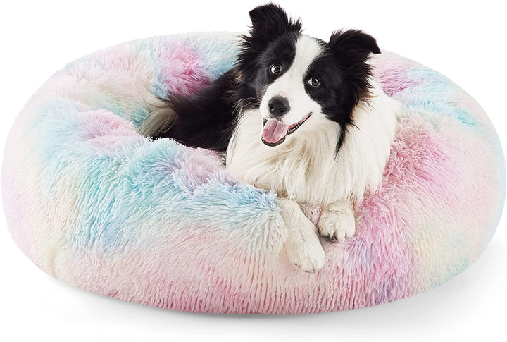 Calming Dog Bed Medium Size Dog - Donut Washable Medium Pet Bed, 30 Inches Anti-Slip round Fluffy Plush Faux Fur Cat Bed, Fits up to 45 Lbs Pets, Camel