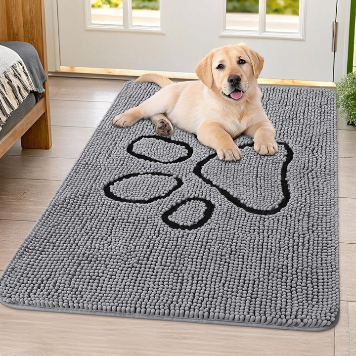 Dog Door Mat for Muddy Paws, Absorbent Dirt Trapper Non Slip Quick Dry Washable Chenille Mat for Mud Dogs, Entry Rug for Indoor and Outdoor (30X20 Inches, Grey)