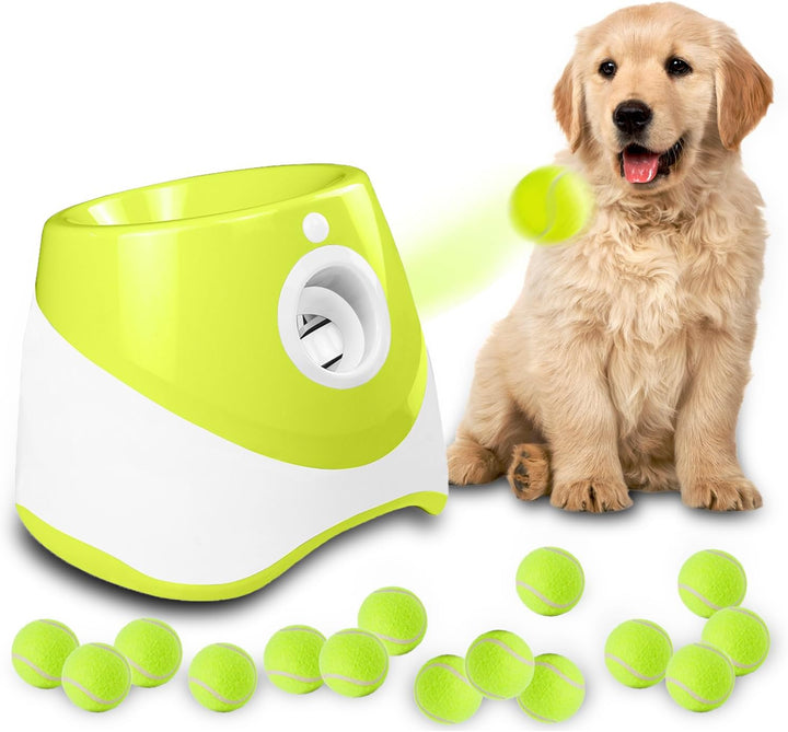 Automatic Dog Ball Launcher, Dog Ball Thrower with 15 Mini Tennis Balls Sizing 2 Inch and Mesh Bag, Interactive Dog Toys Tennis Ball Launcher for Small Dogs with 3 Distance Settings
