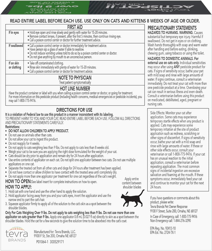 Actispot II Flea Treatment for Large Cats 9+ Lbs | 6 Doses | Powerful Prevention and Control