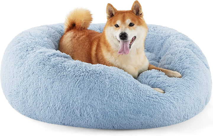 Calming Dog Bed Medium Size Dog - Donut Washable Medium Pet Bed, 30 Inches Anti-Slip round Fluffy Plush Faux Fur Cat Bed, Fits up to 45 Lbs Pets, Camel