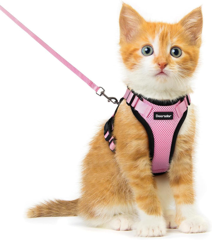 Cat Harness and Leash Set, Escape Proof Safe Adjustable Kitten Vest Harnesses for Walking, Easy Control Soft Breathable Mesh Jacket with Reflective Strips for Cats, Pink, XS