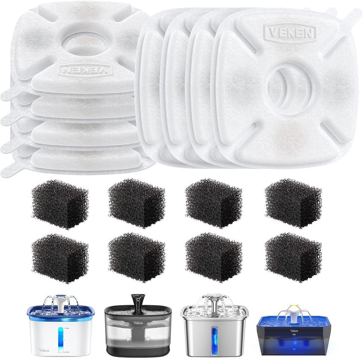 Cat Water Fountain Filters, 8 Pack Replacement Filters & 8 Pack Replacement Pre-Filter Sponges Set for 50Oz, 84Oz, 95Oz Automatic Pet Fountain Dog Water Dispenser