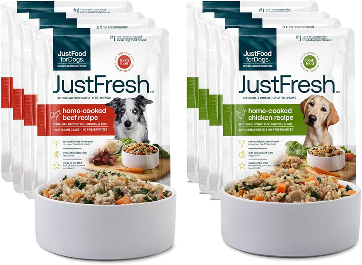 Justfresh Wet Dog Food, Fresh Pet Meals and Toppers with No Preservatives, Resealable Package, Human Grade, Home-Cooked Chicken, 12 Oz - 7 Pack