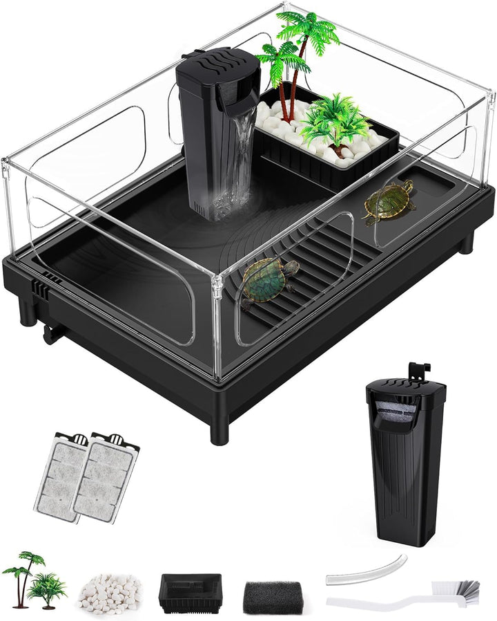 Small Turtle Tank Kit(Tank+Light+Filter), Acrylic Turtle Tank Starter Kit with Bask Platform, Bottom Drain, Multi-Function Area for Small Reptiles.(White)
