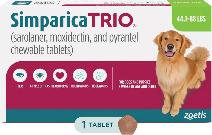 (Sarolaner, Moxidectin, and Pyrantel Chewable Tablets) Chewables for Dogs, 48 Mg/Tab, 44.1-88 Lbs, (Green), 6 Tablets