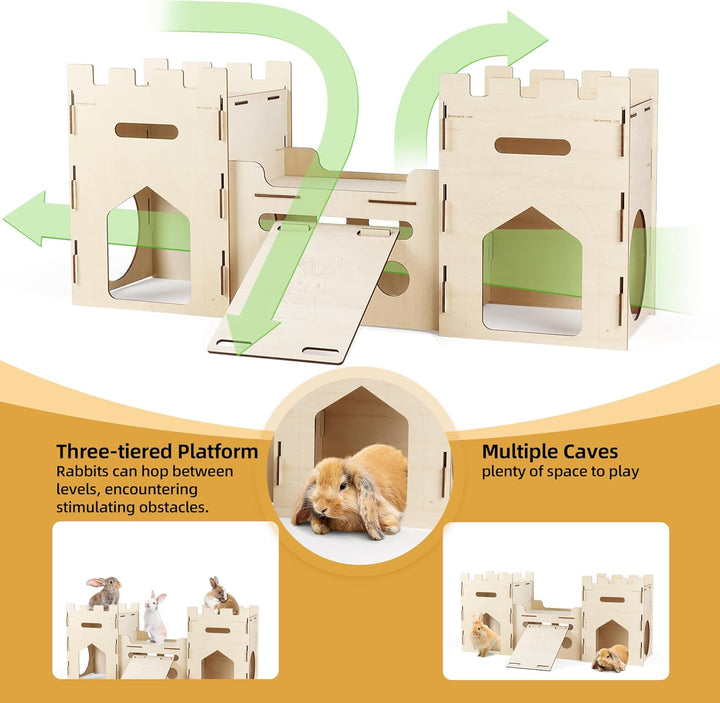 Extra Large Wooden Bunny Castle House Multistory Climbing Tower Hideout Ventilated Sturdy Habitat for Rabbit Guinea Pig Chinchilla Ferret
