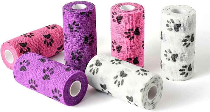 Pet Wrap, Self-Adhesive, Only Sticks to Itself, Non-Woven Tape for Dog Legs, Paws, Wounds, First Aid Cohesive Gauze for Horse, Cat, Bird, Animal, 6 Rolls, 2 Inch, Pawprints A