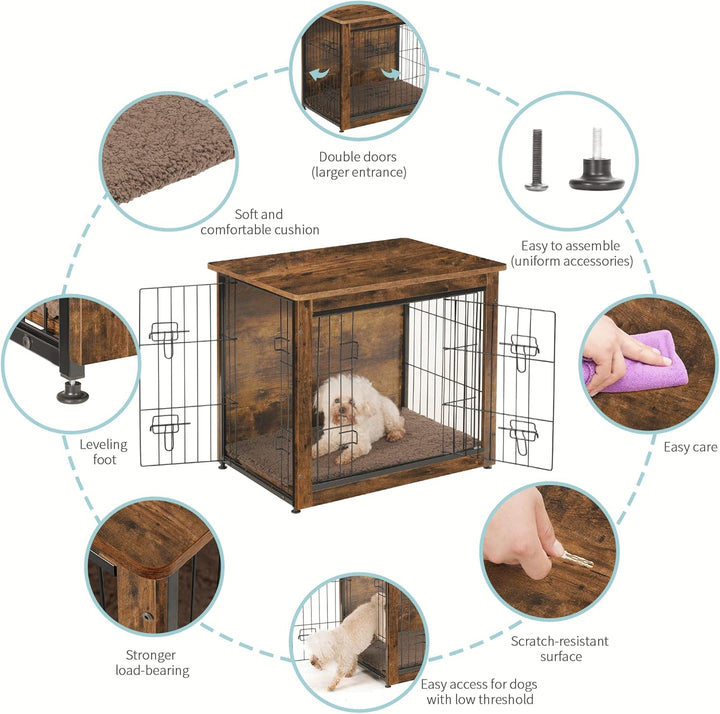Dog Crate Furniture with Cushion, Wooden Kennel Table with Double Doors, Indoor Dog House, Small/Medium/Large/Extra Large Size, 27.2" L, Rustic Brown