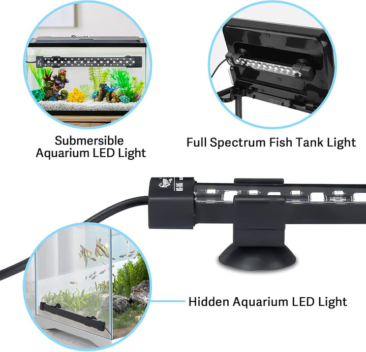 24/7 Mode Submersible Aquarium LED Light, Full Spectrum Hidden Fish Tank Light with 3 Rows Beads 7 Colors Auto on off Sunrise-Daylight-Moonlight, Adjustable Timer Brightness 6W