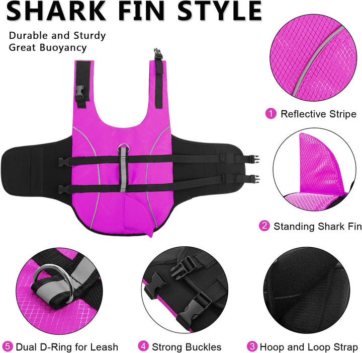Ripstop Dog Life Jacket Shark Life Vest for Dogs, Safety Lifesaver with High Buoyancy and Lift Handle for Small and Medium Breeds（Rose Red XS）