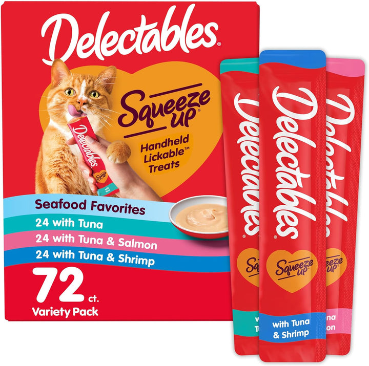 Delectables Squeeze up Seafood Variety Pack, Creamy Squeezable Puree, Lickable Wet Cat Treats, Grain Free, No Added Fillers, No By-Products, No Added Preservatives, 0.5 Ounces Tube, 54 Tubes Total