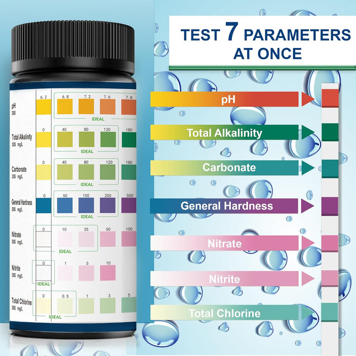 Aquarium Test Strips, 7-Way Freshwater Saltwater Fish Tank Pond Test Kit, 100 Strips, Nitrate, Nitrite, Chlorine, Hardness, Alkalinity, Carbonate, Ph