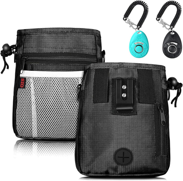 Dog Treat Pouch - 3 Ways to Wear Treat Pouches for Pet Training and 2 Pieces Clicker Taining for Dogs, Dog Training Treat Pouch Bag and Dog Clicker for Training with Waist Belt Shoulder Strap - Black