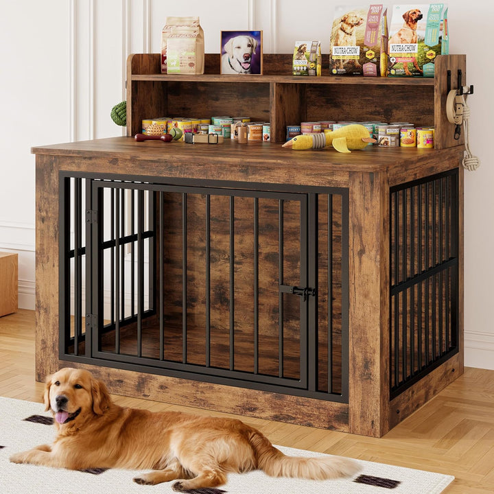 Extra Large Dog Crate Furniture, 43.3 Inches Wooden Dog Crate with Storage and 4 Hooks, Heavy Duty Pet Crate for Large Dog, Decorative Pet Cage for Indoor (30" L X 43.3" W X 41.1" H)