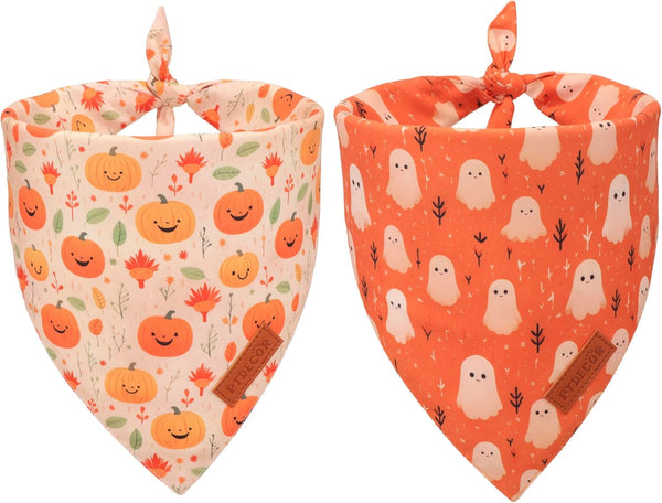 Halloween Dog Bandana, Ghost Pumpkin Design Reversible Holiday Dog Scarf, Triangle Halloween Bandanas for Medium Large Dogs Pets (Large)