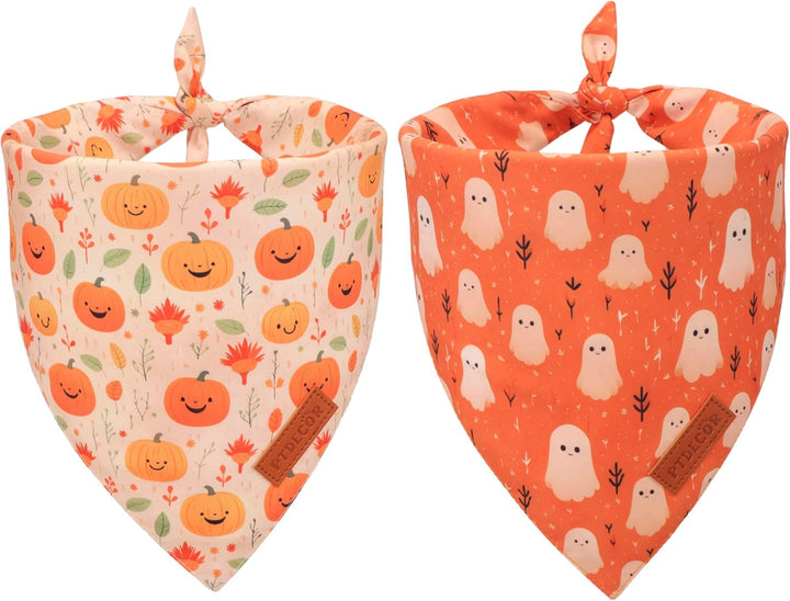 Halloween Dog Bandana, Ghost Pumpkin Design Reversible Holiday Dog Scarf, Triangle Halloween Bandanas for Medium Large Dogs Pets (Large)