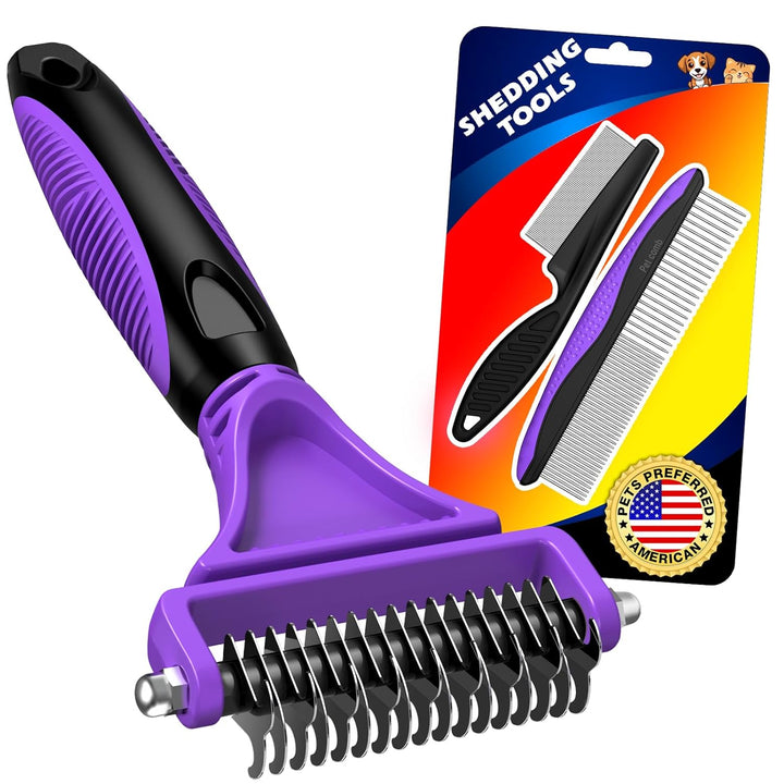3PCS Pet Grooming Rake & Metal Comb & Flea Comb for Cats and Dogs, Double-Sided Dematting Tool, Extra-Wide Deshedding Dog Brush for Long Hair to Effectively Remove Tangles, Knots and Mats (Blue)