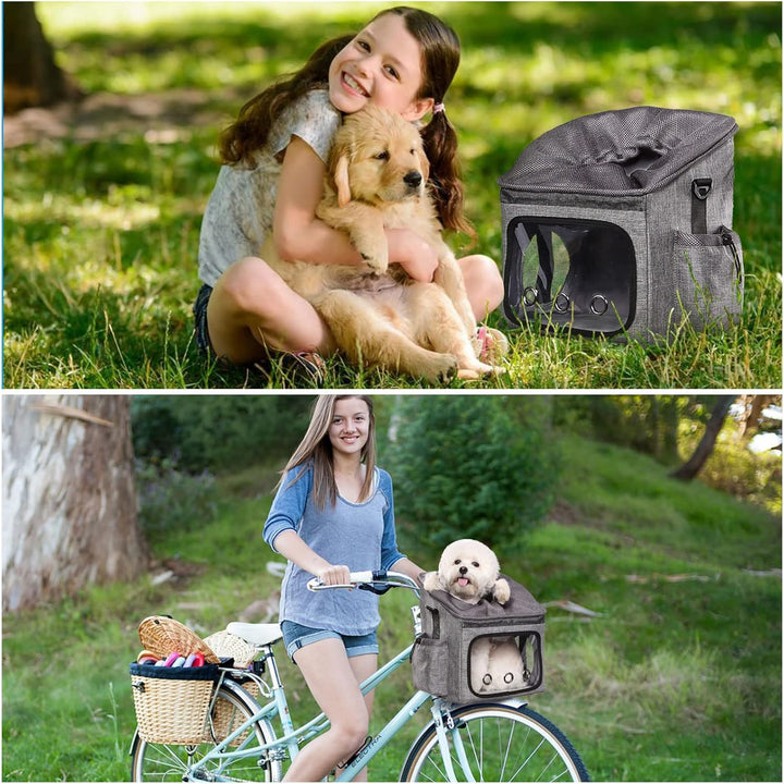 Dog Bike Basket Foldable Pet Carrier, Dog Car Booster Seat with Mesh Windows, Adjustable Shoulder Bag Portable Breathable Bicycle Basket Bag for Dogs and Cats