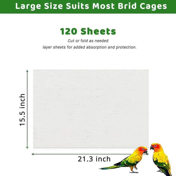 120 Pcs Bird Cage Liner Papers Big Size Cage Paper Liners Disposable Cage Paper Liners Precut Absorbent Cushion Pad Mat Accessories for Pet Bird Parrot