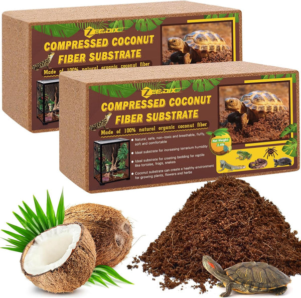 2 Pack Coconut Fiber Substrate, 100% Organic Coconut Husk Coco Coir Brick Terrarium Bedding for Reptiles, Tortoise, Bearded Dragon, Leopard Gecko, Snake, Hermit Crabs, Frogs, Tarantula