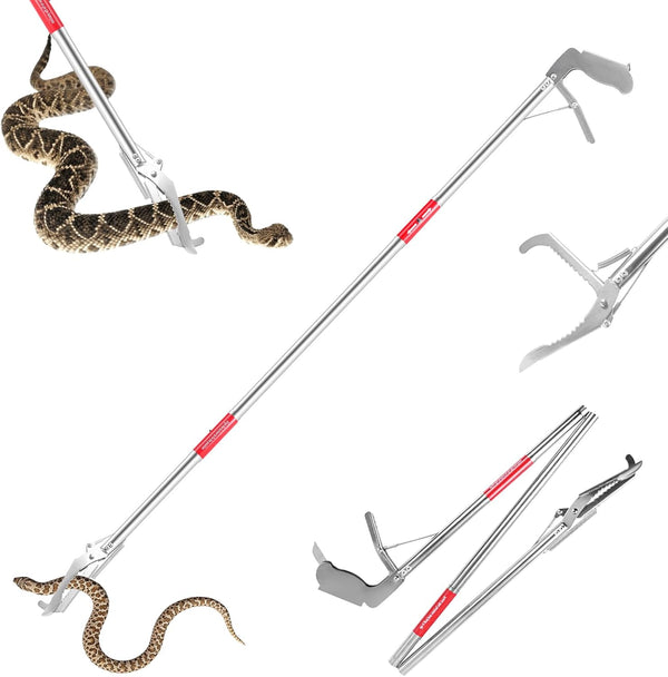 50" Collapsible Stainless Steel Snake Grabber Tool: Multi-Functional Hook, Tongs, Pole, Reacher for Safe Snake Handling and Rattlesnake Catching