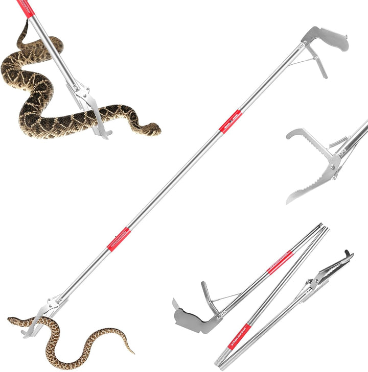 50" Collapsible Stainless Steel Snake Grabber Tool: Multi-Functional Hook, Tongs, Pole, Reacher for Safe Snake Handling and Rattlesnake Catching