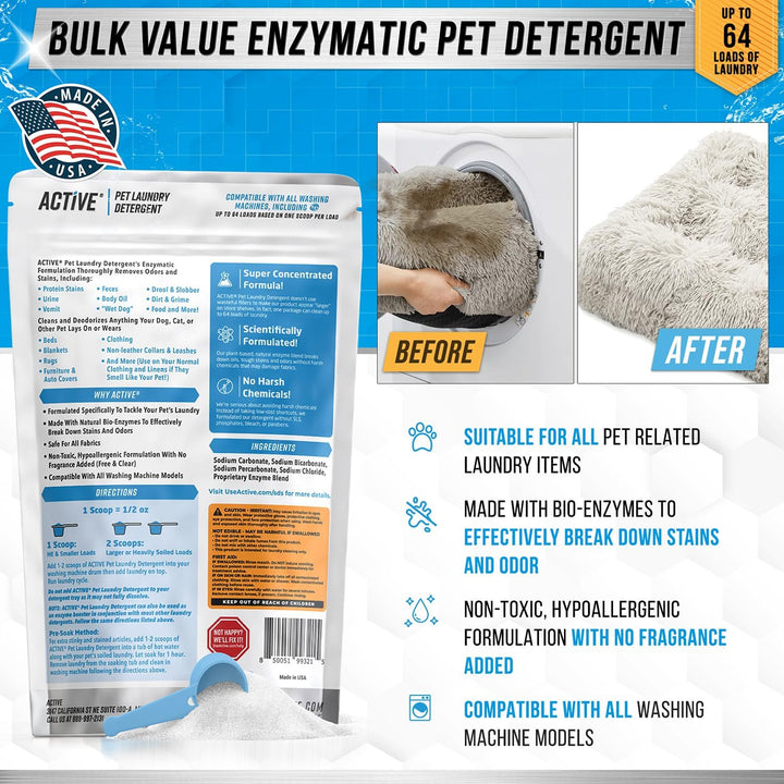 Pet Laundry Detergent Odor Remover -  Enzyme Based Powder Detergent for Dogs Beds, Cat Pee, HE Washer Friendly Natural Enzymatic Deodorizer, Urine, Smell, Dog Drool, Stain Eliminator - 64 Loads