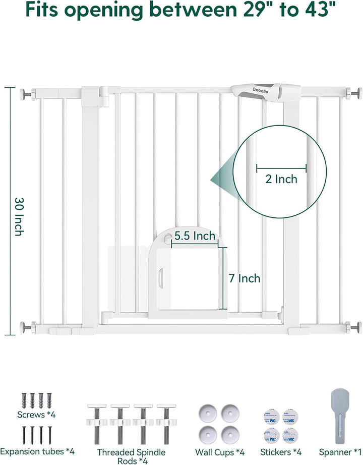 Baby Gate with Adjustable Cat Door,29-43" Auto Close Durable Pet Door for Stairs,Doorways and House,Pressure Mounted,Easy Install,Effortless Walk Thru,White