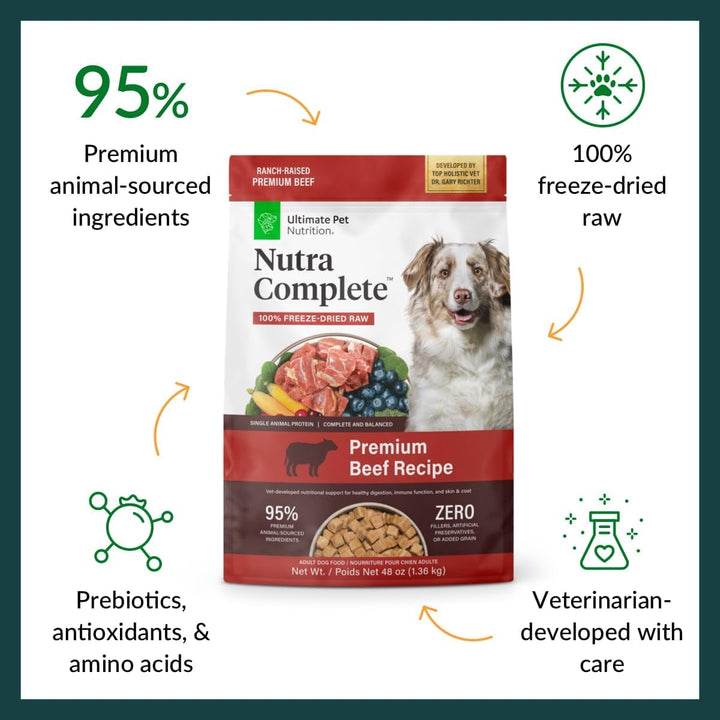 Nutra Complete Freeze Dried Raw Dog Food, Veterinarian Formulated with Antioxidants, Prebiotics & Amino Acids (3 Pound, Beef)