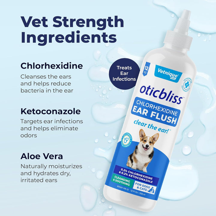 Oticbliss Medicated Dog Ear Infection Treatment, Antiseptic Ear Cleaner for Cat & Dog Ear Cleaning Solution with Chlorhexidine & Ketoconazole (12Oz Flush)