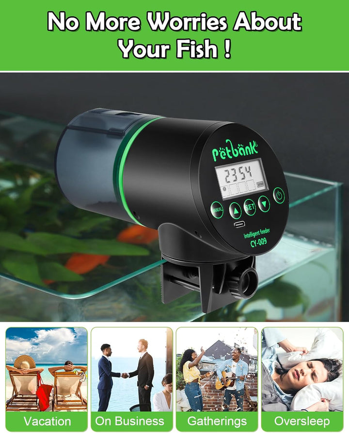 Automatic Fish Feeder for Aquarium - Rechargeable Fish Food Auto Dispenser Vacation Turtle Feeder with USB Charger Cable，Lcd Screen, Customized Schedule，Black