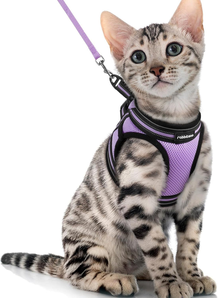 Cat Harness and Leash Set for Walking Escape Proof, Adjustable Soft Kittens Vest with Reflective Strip for Cats, Comfortable Outdoor Vest, Light Purple, S