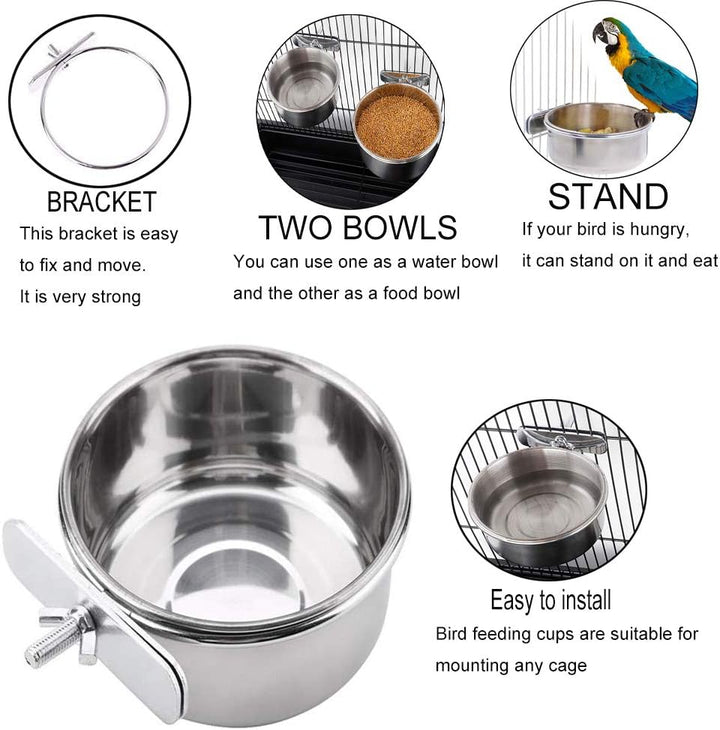 Parrot Feeding Cups Birds Food Dish Stainless Steel Parrot Feeders Water Cage Bowls with Clamp Holder for Cockatiel Conure Budgies Parakeet Parrot Macaw Small Animal Chinchilla Pack of 2