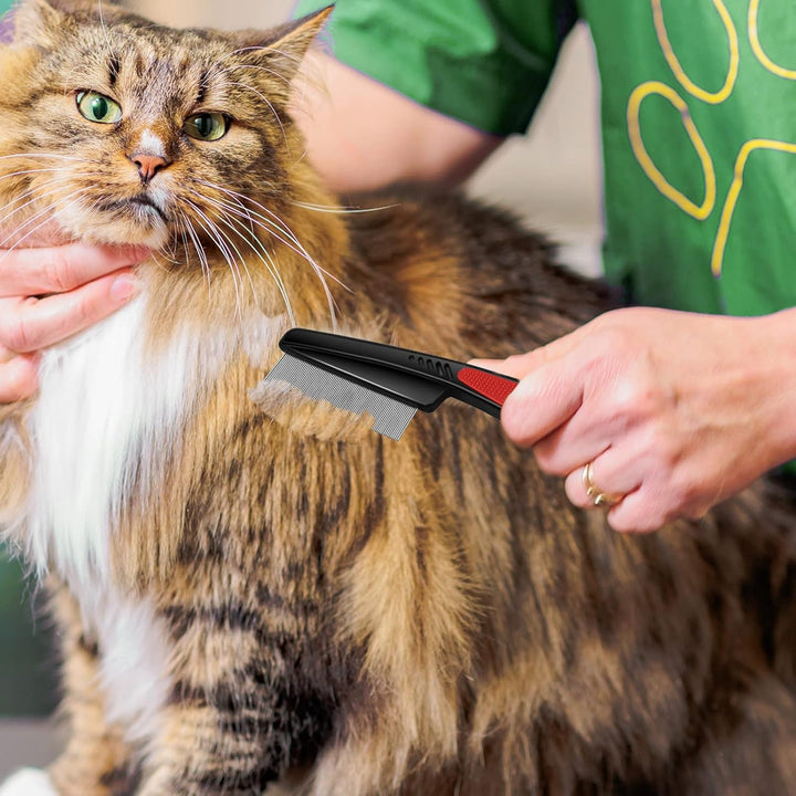 Flea Comb with Rubber Handle, Fine Teeth Grooming Comb for Dogs & Cats (Red)